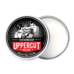 Uppercut Deluxe Featherweight Fiber Paste 70g - Firm Hold Low Shine Finish - Hair Styling Product - Top Down View Open Tin