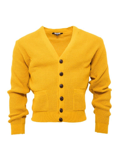 Men/'s Waffle Knit Black Yellow Burgundy Button Front Mod Retro Relco Cardigan