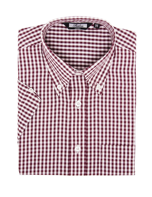 Relco Mens Burgundy Gingham Check Short Sleeve Shirt
