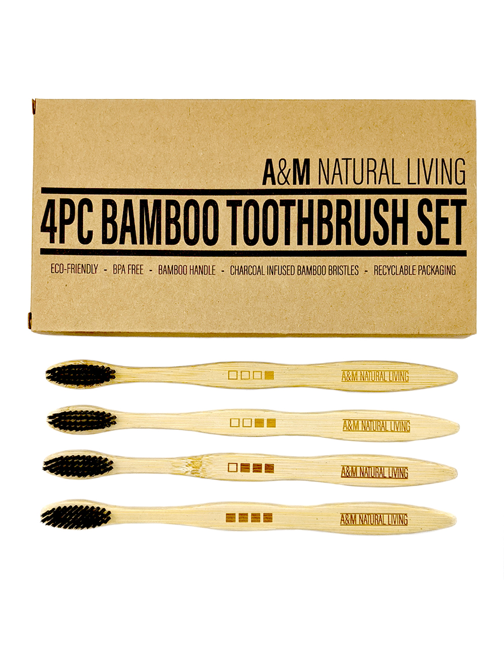A&M Natural Living Bamboo Wooden Toothbrush Toothbrushes Charcoal Bristles Set