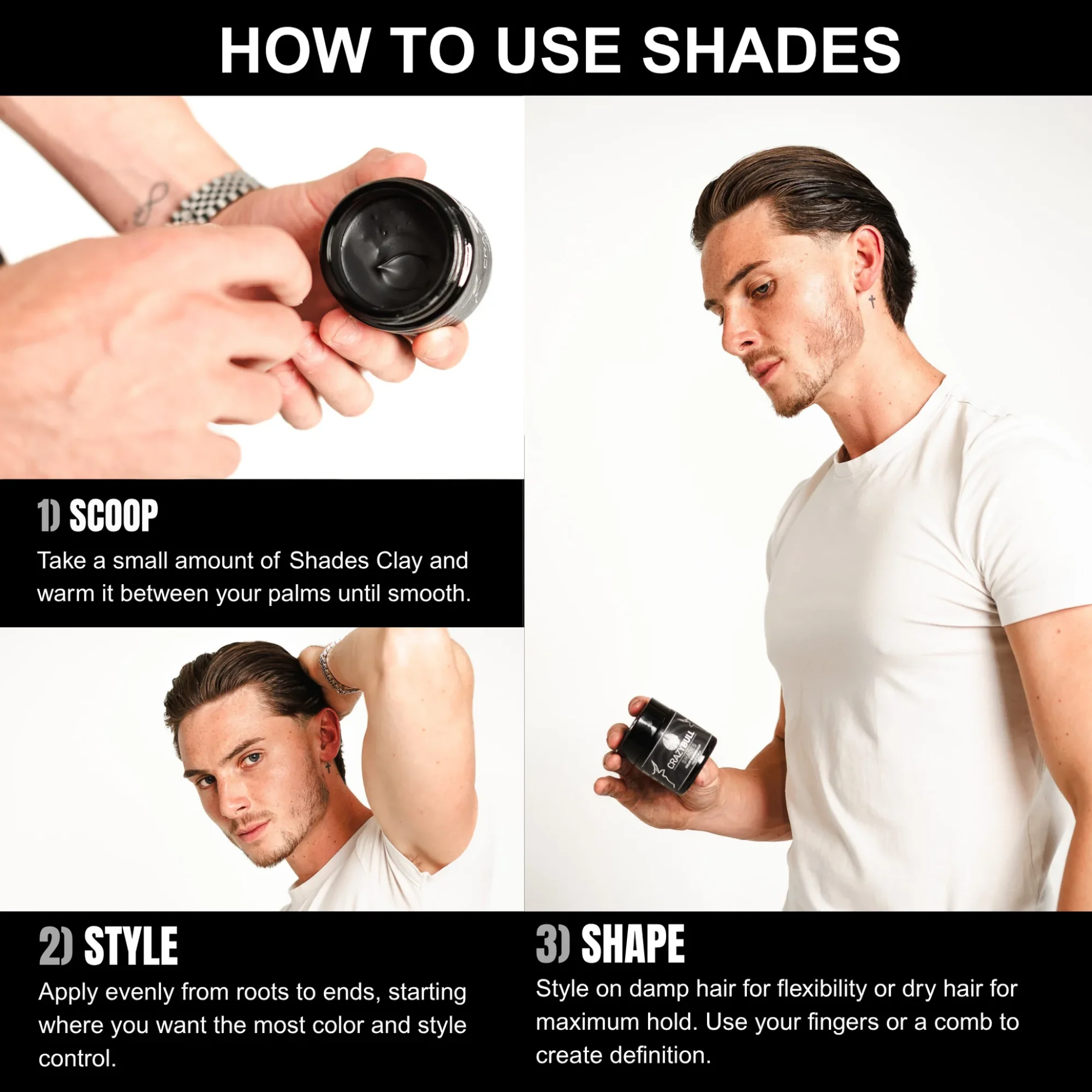 Crazy Bull Shades Clay 100g - Medium Hold Natural Matte Finish - Mens Hair Styling Products - How To Use