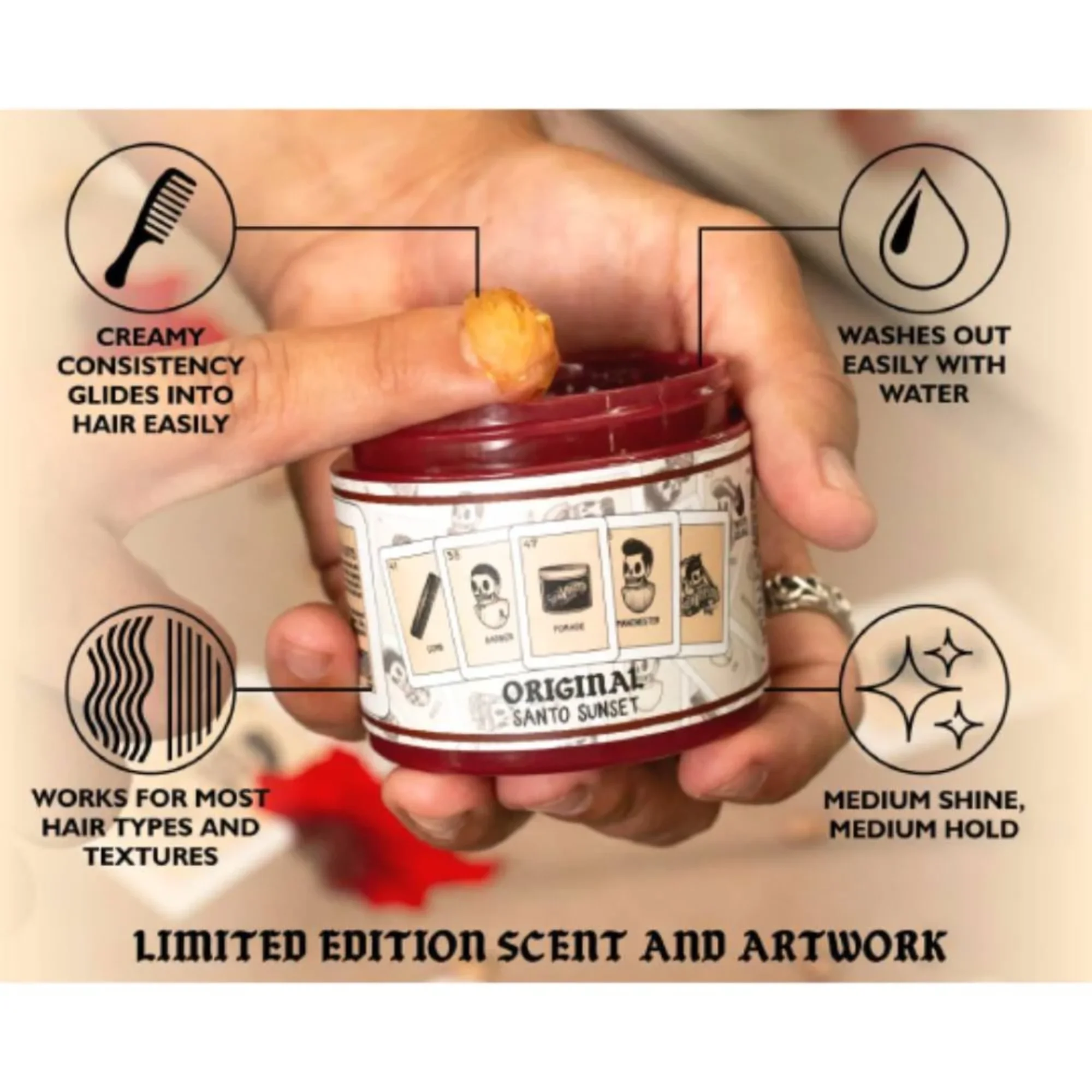 Suavecito Santo Sunset Original Hold Pomade 113g - Medium Hold Medium Shine Water Based Pomade - Product Information