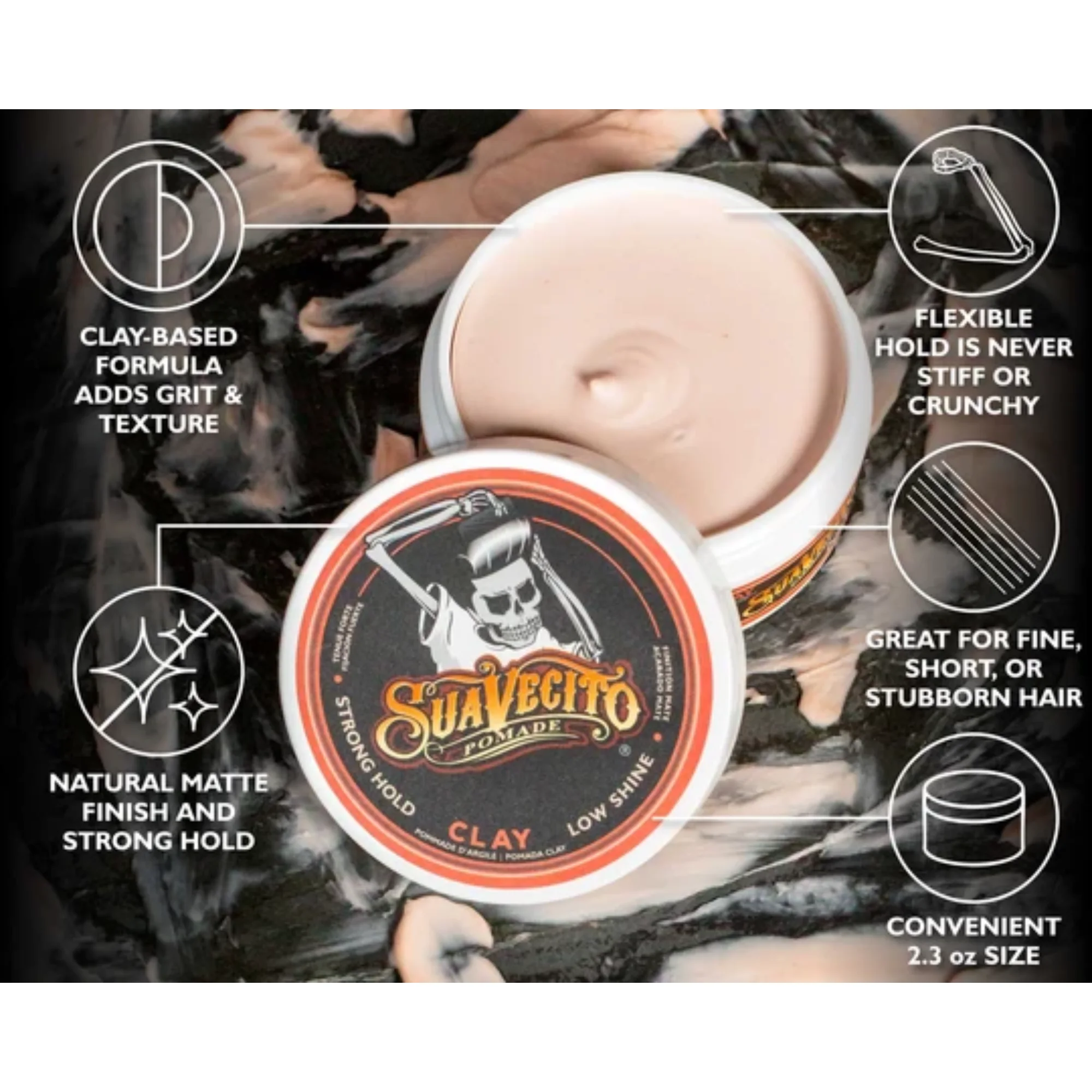 Suavectio Clay Pomade 65g - Strong Hold - Low Shine Matte Finish - Mens Hair Styling Product - Product Details